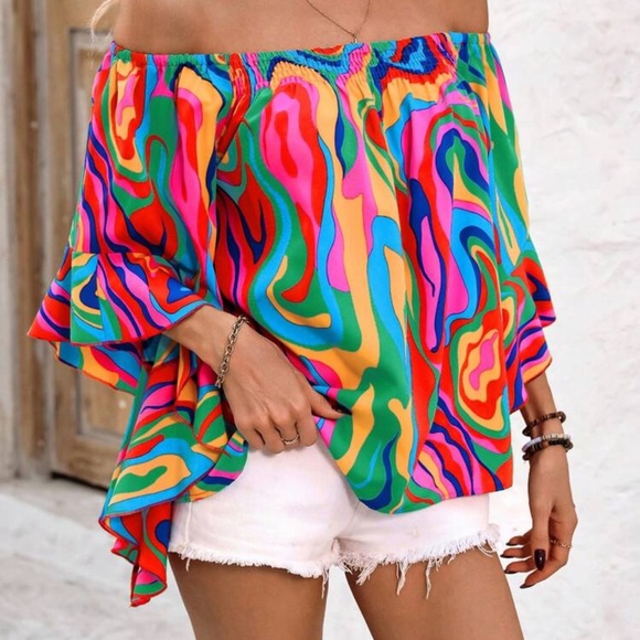 Vibrant Multicolor Swirl Off-Shoulder Blouse - Picture 3 of 9